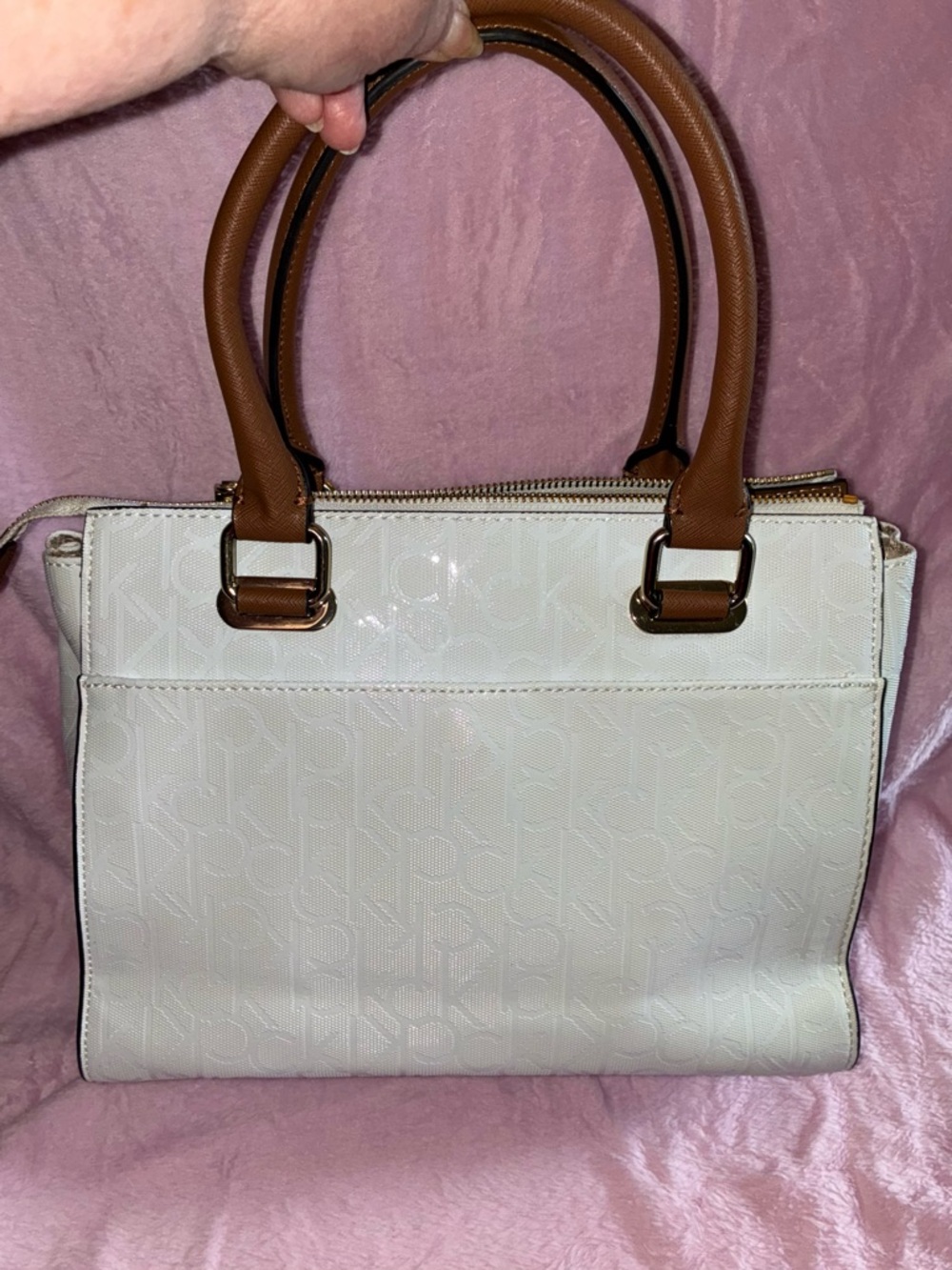 EUC! Beautiful Calvin Klein Monogram Floral Satchel/Crossbody w/Brown Strap - Picture 6 of 11